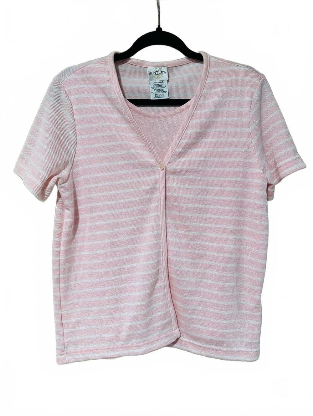 Vintage Bentley Pink & White Striped Short Sleeve Cardigan 2in1 top